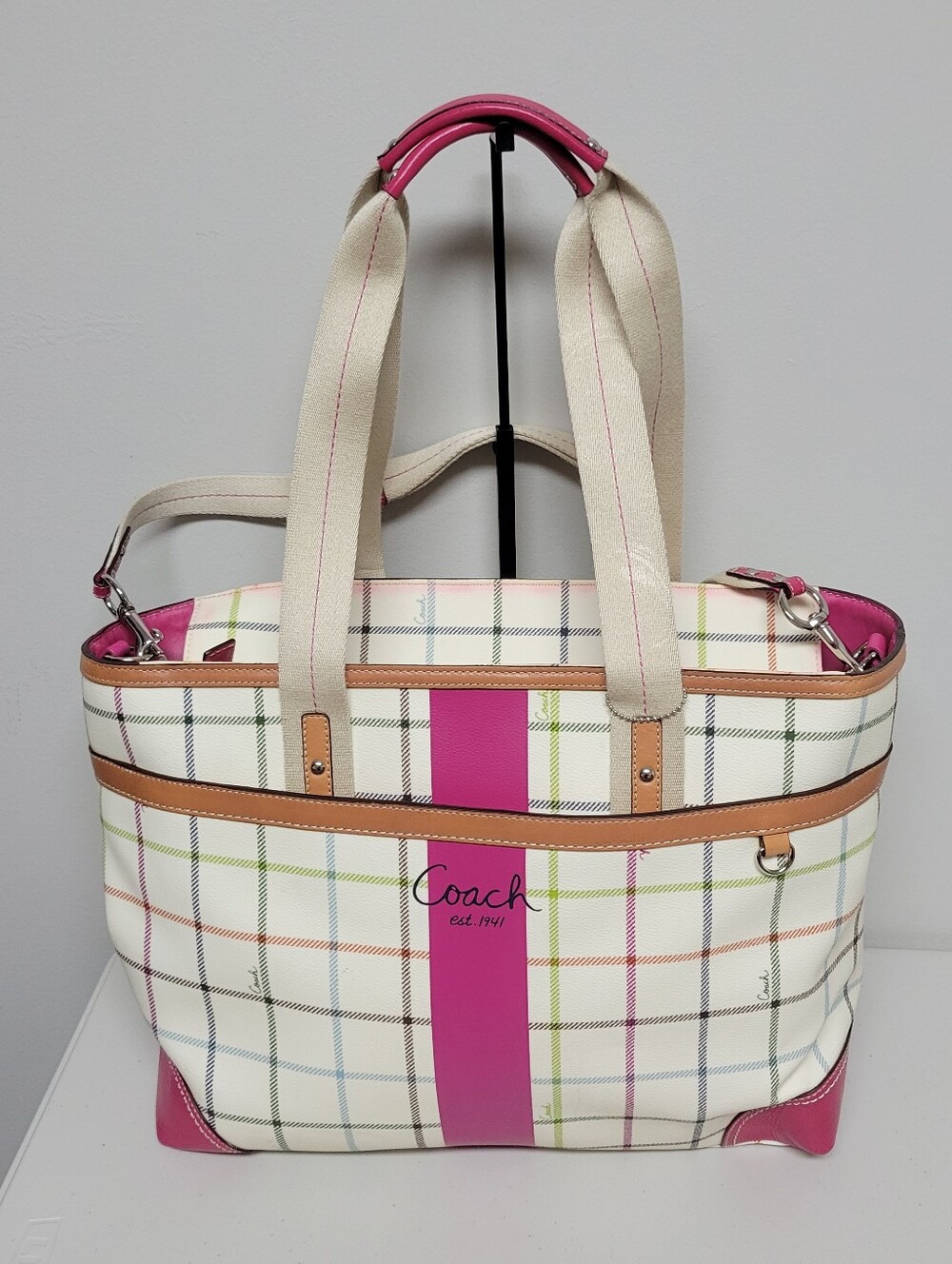 Coach F14792 Heritage Tattersall Plaid Tote  Multicolor Leather.